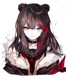  1girl animal_ears arknights artist_name bangs bear_ears black_choker black_hair black_jacket black_sailor_collar blue_eyes chinese_commentary choker commentary_request eyebrows_visible_through_hair fur-trimmed_jacket fur_trim highres jacket long_hair looking_at_viewer multicolored_hair neckerchief parted_lips red_hair red_neckwear sailor_collar sheya signature simple_background solo streaked_hair upper_body white_background zima_(arknights) 