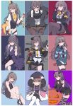  6+girls beret black_jacket black_legwear body_armor brown_eyes brown_hair clming collage collage_background dress gift girls_frontline gloves hair_ribbon halloween_costume hat highres jacket long_hair multiple_girls pantyhose ribbon scar scar_across_eye scarf shirt skirt tagme thighhighs ump45_(girls_frontline) 