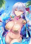  1girl armor bangs beach bikini_armor blue_sky blush breasts cleavage closed_mouth collar earrings fate/grand_order fate_(series) flower food hair_ribbon highres hinot ice_cream ice_cream_cone jewelry kama_(fate/grand_order) large_breasts long_hair looking_at_viewer lotus metal_collar navel pout puffy_cheeks red_eyes ribbon silver_hair sky space star_(sky) thighlet thighs 