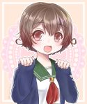  1girl blue_jacket brown_eyes brown_hair commentary_request crescent crescent_moon_pin green_sailor_collar highres jacket kantai_collection looking_at_viewer mutsuki_(kantai_collection) neckerchief open_mouth red_neckwear remodel_(kantai_collection) rirurun. sailor_collar school_uniform serafuku short_hair sleeves_past_wrists smile solo upper_body 