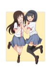  2girls black_hairband black_legwear blush brown_footwear brown_hair closed_eyes collared_shirt commentary_request eyebrows_visible_through_hair flower full_body green_eyes grey_skirt hair_flower hair_ornament hairband highres hitori_bocchi hitoribocchi_no_marumaru_seikatsu holding_hands interlocked_fingers kousin kurai_kako leg_up long_hair looking_at_viewer multiple_girls open_mouth pleated_skirt school_uniform shirt shirt_tucked_in shoes short_hair skirt smile standing standing_on_one_leg thighhighs v-shaped_eyebrows wavy_mouth white_shirt |d 