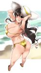  1girl absurdres arms_behind_back ass beach bikini black_hair breasts commentary_request from_behind full_body gold_bikini grin hat highres kantai_collection large_breasts long_hair multicolored_hair naganami_(kantai_collection) pink_hair sandals side-tie_bikini smile solo standing straw_hat swimsuit two-tone_hair wavy_hair white_headwear yoshi_tama 