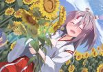  1girl blue_sky closed_eyes cloud commentary_request day dutch_angle flower grey_hair hachimaki hakama_pants headband high_ponytail highres japanese_clothes kantai_collection long_hair natsuki_(gedo) outdoors pants ponytail red_pants sky solo striped_headband sunflower zuihou_(kantai_collection) 