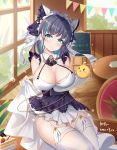  1girl animal_ears aqua_eyes aqua_hair armchair azur_lane black_hair blush breasts cake chair cheshire_(azur_lane) cleavage closed_mouth detached_sleeves dress earrings eyebrows_visible_through_hair flag food fruit garter_straps highres indoors jewelry large_breasts lifted_by_self looking_at_viewer maid maid_headdress manjuu_(azur_lane) miaoguujuun_qvq multicolored_hair puffy_sleeves purple_apron ribbon sitting strawberry streaked_hair thighhighs white_dress white_legwear window wrist_cuffs 