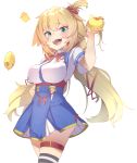  1girl akai_haato bangs blonde_hair blue_eyes blue_skirt blush breasts eyebrows_visible_through_hair haaton_(haato_channel) hair_between_eyes hair_ornament hair_ribbon heart heart_hair_ornament high-waist_skirt hololive large_breasts long_hair looking_at_viewer moritatsu one_side_up open_mouth pleated_skirt red_ribbon ribbon shirt short_sleeves simple_background skindentation skirt smile smug solo striped striped_legwear stuffed_animal stuffed_pig stuffed_toy thigh_strap thighhighs two-tone_skirt underbust very_long_hair virtual_youtuber white_background white_shirt 