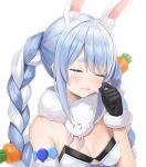  1girl animal_ear_fluff animal_ears bare_shoulders black_gloves blue_hair braid breasts bunny_ears carrot_hair_ornament closed_eyes crying detached_sleeves extra_ears food_themed_hair_ornament fur_collar fuwawa_(fuwawa617) gloves hair_ornament hand_up highres hololive open_mouth sidelocks simple_background small_breasts solo tears thick_eyebrows twin_braids twintails upper_body usada_pekora virtual_youtuber white_background 