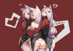  3girls absurdres animal_ears arm_strap ass bangs black_gloves black_neckwear breast_grab breasts cerberus_(helltaker) contrapposto demon_girl demon_tail dog_ears dog_girl dress_shirt egoist-001 eyebrows_visible_through_hair fang gloves grabbing hair_over_one_eye heart helltaker highres large_breasts long_hair long_sleeves looking_at_viewer looking_back low-tied_long_hair multiple_girls necktie no_pants off_shoulder open_mouth panties pink_panties pussy red_background red_eyes red_shirt shirt smile tail thighhighs triplets underwear very_long_hair waistcoat white_hair white_legwear yuri 