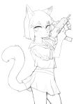  2020 4_fingers anthro black_and_white blush bottomwear clothing crayon1006 ear_tuft felid feline female fingers gun hi_res kemono looking_back mammal monochrome ranged_weapon school_uniform shirt simple_background sketch skirt snout solo standing topwear tuft uniform weapon white_background 