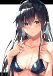  1girl ahoge bangs bare_arms bare_shoulders bikini black_hair blue_bikini blue_eyes blush breasts cleavage closed_mouth collarbone commentary_request expressionless eyebrows_visible_through_hair hair_ribbon hands_on_own_chest hinazuka_ryou long_hair looking_at_viewer medium_breasts red_ribbon ribbon simple_background solo swimsuit upper_body white_background yahari_ore_no_seishun_lovecome_wa_machigatteiru. yukinoshita_yukino 
