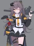  1girl baggy_pants black_gloves black_legwear black_skirt brown_eyes brown_hair clming eyebrows_visible_through_hair girls_frontline gloves grey_background gun h&amp;k_ump hair_ribbon highres long_hair looking_at_viewer necktie one_eye_closed over_shoulder pants ribbon scar scar_across_eye shirt single_glove single_thighhigh skirt solo strapless submachine_gun thigh_strap thighhighs ump45_(girls_frontline) weapon weapon_over_shoulder white_shirt 