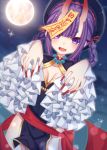  1girl :d absurdres black_dress black_headwear blurry braid breasts cowboy_shot depth_of_field dress fang fate/grand_order fate_(series) frilled_sleeves frills full_moon ghost_pose gold_trim hair_rings highres horns jiangshi long_hair long_sleeves looking_at_viewer medium_breasts moon night ofuda oni_horns open_mouth pelvic_curtain purple_eyes purple_hair red_ribbon ribbon sapphire_(sapphire25252) shuten_douji_(fate/grand_order) smile solo sparkle standing thick_eyebrows thighs twin_braids 