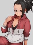  1girl black_eyes black_hair breasts cleavage closed_mouth dragon_ball dragon_ball_super earrings grey_background jacket jewelry kale_(dragon_ball) kemachiku looking_at_viewer ponytail raglan_sleeves short_hair simple_background solo zipper 