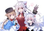  3girls absurdres animal_ear_fluff animal_ears black_bow black_gloves black_headwear black_sailor_collar black_skirt blue_eyes blue_shawl bow brown_eyes brown_hair cat_ears facial_scar fang fathom fingerless_gloves gangut_(kantai_collection) gloves grey_hair hair_bow hibiki_(kantai_collection) highres jacket kantai_collection kemonomimi_mode long_hair low_twintails multiple_girls papakha paw_print red_eyes red_shirt sailor_collar scar scar_on_cheek scarf school_uniform serafuku shirt simple_background skirt tashkent_(kantai_collection) torn_scarf twintails verniy_(kantai_collection) white_background white_hair white_jacket white_scarf 