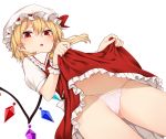  1girl :o ass_visible_through_thighs bangs blonde_hair blush bow commentary_request crystal dress dress_lift dutch_angle eyebrows_visible_through_hair fang flandre_scarlet frilled_skirt frills from_below hair_between_eyes hat hat_ribbon highres lifted_by_self looking_at_viewer looking_down miyo_(ranthath) mob_cap navel one_side_up open_mouth panties puffy_short_sleeves puffy_sleeves red_bow red_eyes red_ribbon ribbon short_hair short_sleeves simple_background skirt solo standing string_panties thighs touhou underwear white_background white_headwear wings 