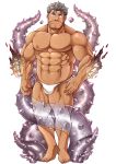  1boy 2bombom abs bara beard brown_eyes bulge chest dagon_(tokyo_houkago_summoners) facial_hair full_body grey_hair looking_at_viewer male_focus male_underwear manly muscle navel nipples official_art pectorals simple_background solo sparkle tentacles tokyo_houkago_summoners underwear underwear_only 