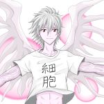  1boy anita_chu_311 cancer_cell_(hataraku_saibou) crossover grey_hair hataraku_saibou highres large_wings looking_at_viewer marker_(medium) midriff nagisa_kaworu neon_genesis_evangelion red_eyes shirt simple_background smile solo t-shirt traditional_media watercolor_(medium) wings 