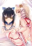  2girls :d alternate_costume arm_support ass back bangs bare_shoulders black_hair blonde_hair blue_bow blunt_bangs blush bow bra breasts brown_eyes closed_mouth commentary_request detached_collar eyebrows_visible_through_hair fate/kaleid_liner_prisma_illya fate_(series) frills from_behind garter_straps hair_bow hair_ornament hairclip highres illyasviel_von_einzbern long_hair looking_at_viewer magical_ruby magical_sapphire microskirt miyu_edelfelt multiple_girls open_mouth panties panty_pull ponytail reclining red_eyes revision sidelocks skirt small_breasts smile star_(symbol) thighhighs underwear white_bra white_legwear white_panties white_skirt yan_(nicknikg) yellow_eyes 
