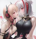  2girls ahoge antennae arknights arm_strap bare_shoulders black_dress breasts brown_hair champagne_flute cleavage closed_mouth criss-cross_halter crossover cup dress drinking_glass girls_frontline hairband halterneck holding horns large_breasts long_hair looking_at_another m4_sopmod_ii_(girls_frontline) medium_breasts multiple_girls open_mouth red_eyes short_hair side_cutout silver_hair simple_background sleeveless sleeveless_dress smile upper_body urano_ura w_(arknights) white_background 