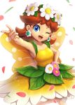  1girl arm_up bangs blue_eyes blush breasts brown_hair collarbone commentary_request dress earrings eyebrows_visible_through_hair fairy_wings flower gonzarez hand_on_hip happy head_wreath highres jewelry leaf leg_up light_blush long_hair looking_at_viewer mario_(series) mario_kart_tour one_eye_closed open_mouth petals pink_flower pointing princess_daisy shiny shiny_hair simple_background sleeveless sleeveless_dress small_breasts smile solo standing standing_on_one_leg white_background white_flower wings yellow_dress 
