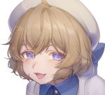  1girl bangs beret blue_bow blue_eyes blush bow brown_hair commentary eyebrows_visible_through_hair face hair_between_eyes hair_bow hat iwanaga_kotoko kyokou_suiri looking_at_viewer okitanation open_mouth purple_eyes short_hair simple_background smile solo sweater white_background 