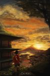  1boy architecture artist_name black_hair cloud copyright_name east_asian_architecture from_behind mountain mugen red_shirt samurai_champloo scenery shirt shorts standing sunset sword taidai weapon 