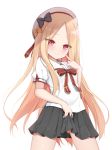  1girl abigail_williams_(fate/grand_order) alternate_costume ass_visible_through_thighs bangs black_bow black_skirt blonde_hair blue_eyes blush bow commentary_request eyebrows_visible_through_hair fate/grand_order fate_(series) hair_bow hat kamu_(geeenius) lifted_by_self long_hair looking_at_viewer orange_bow parted_bangs pleated_skirt red_eyes red_ribbon ribbon shirt short_sleeves simple_background skirt skirt_lift smile solo white_background white_headwear white_shirt 