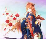  1girl ahoge blue_kimono braid floral_print flower fudo_shin gradient gradient_background hair_flower hair_ornament hololive horns japanese_clothes kimono kiryuu_coco obi orange_hair sash smile solo standing wide_sleeves 