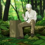  1boy black_footwear blurry blurry_background box brown_pants cigarette forest ginko grass green_eyes hair_over_one_eye log long_sleeves male_focus mushishi nature pants plant rock scenery shirt shoes sitting solo suzushiro_(suzushiro333) white_hair white_shirt 