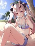  alternate_costume alternate_hairstyle beach breasts cleavage closed_mouth commentary_request earrings highres hololive horns jewelry looking_at_viewer mikan_(chipstar182) nakiri_ayame oni_horns palm_tree silver_hair sky small_breasts smile swimsuit tree twintails v virtual_youtuber 