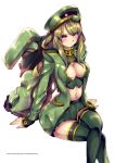  1girl blush breasts embarrassed geara_zulu green_hair gundam gundam_unicorn hat highres humanization i.takashi jacket large_breasts long_hair looking_at_viewer mecha_musume open_clothes open_jacket red_eyes sitting skirt solo thighhighs white_background 