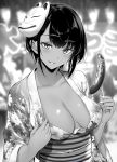  1girl backlighting bangs blush breasts cleavage collarbone commentary_request eyebrows_visible_through_hair floral_print fox_mask gentsuki greyscale highres japanese_clothes kimono long_sleeves looking_at_viewer mask mask_on_head medium_breasts monochrome obi open_clothes open_kimono original outdoors parted_lips print_kimono sash seductive_smile short_hair smile solo teasing upper_body wide_sleeves 