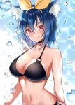  1girl animal_ear_fluff animal_ears bangs bare_arms bare_shoulders bikini black_bikini black_choker blue_hair blush breasts choker cleavage closed_mouth collarbone colored_eyelashes commentary_request hair_between_eyes hair_ribbon hairband halterneck large_breasts looking_at_viewer minatoasu navel o-ring o-ring_bikini o-ring_top original red_eyes ribbon short_hair side-tie_bikini skindentation smile solo sparkle stomach swimsuit upper_body water water_drop wet wet_hair yellow_hairband yellow_ribbon 