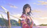  1girl absurdres an-zen black_eyes black_hair blurry_foreground day flag hat hat_removed headwear_removed highres japanese_clothes kimono lens_flare long_hair looking_to_the_side original outdoors rope standing upper_body water 