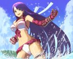  1girl bangs bare_shoulders bikini blue_eyes blue_sky breasts choker cleavage collarbone cross cross_choker earrings elbow_gloves fate/grand_order fate_(series) frilled_bikini frills gauntlets gloves janoukyo19 jewelry large_breasts long_hair looking_at_viewer navel ocean open_mouth purple_hair red_gloves saint_martha saint_martha_(swimsuit_ruler)_(fate) sky smile swimsuit thighs wading white_bikini 