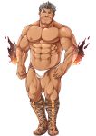  1boy 2bombom abs bara beard brown_eyes bulge chest dagon_(tokyo_houkago_summoners) facial_hair full_body grey_hair looking_at_viewer male_focus male_underwear manly muscle navel nipples official_art one_eye_closed pectorals simple_background smile solo sparkle tokyo_houkago_summoners underwear underwear_only 