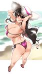  1girl absurdres arms_behind_back ass beach bikini black_hair breasts commentary_request from_behind full_body grin hat highres kantai_collection large_breasts long_hair multicolored_hair naganami_(kantai_collection) pink_bikini pink_hair sandals side-tie_bikini smile solo standing straw_hat swimsuit two-tone_hair wavy_hair white_headwear yoshi_tama 