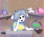  anthro detailed_background hair mammal moneybag striped_shirt tem temmie_(undertale) undertale video_games white_body 