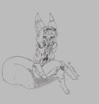  barefoot big_ears bomber_jacket bottomwear canid canine cargo_pants clothing crossed_legs fennec fluffy fluffy_tail fox gas_mask hi_res kyra_(disambiguation) looking_at_viewer mammal mask meirune pants sketch solo 