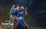  1girl black_hair bracelet bun_cover capcom chinese_clothes chun-li closed_eyes copyright copyright_name hand_on_hip highres jeremy_chong jewelry laughing official_art open_mouth pantyhose solo spiked_bracelet spikes street_fighter teppen thick_thighs thighs 