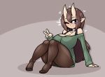  big_breasts breasts cleavage clothed clothing demon female gesture horn horned_humanoid humanoid humanoid_pointy_ears legwear limebreaker looking_at_viewer not_furry pantyhose solo thick_thighs v_sign 