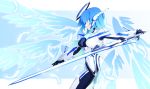  1girl blue_hair bodysuit commentary_request covered_navel energy_wings feathers green_eyes headgear highres kamenn letterboxed magical_girl mechanical_halo multiple_wings original seraph serious skin_tight solo sword weapon wings 