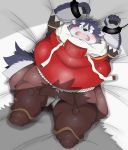  2020 anthro armor belly blush bodily_fluids canid canine canis chained crying domestic_dog harima hi_res kemono lying male mammal overweight overweight_anthro overweight_male poketalesof solo tamakore tears 