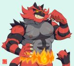  5_fingers anthro biceps black_body black_fur claws fingers fur green_eyes grin incineroar male muscular muscular_anthro muscular_male nintendo nipples one_eye_closed pecs pok&eacute;mon pok&eacute;mon_(species) red_body red_fur red_nose rossciaco simple_background smile solo teeth video_games wink 