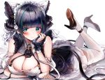  1girl absurdres aqua_eyes arm_under_breasts azur_lane bangs bare_shoulders black_dress black_footwear black_ribbon blunt_bangs blush breast_rest breasts cheshire_(azur_lane) cleavage cleavage_cutout closed_mouth crossed_ankles dress eyebrows_visible_through_hair hand_up high_heels highres large_breasts legs_up light_smile looking_at_viewer lying maid_headdress multicolored_hair on_stomach paw_print ribbon sak_(lemondisk) shiny shiny_hair shiny_skin short_hair solo streaked_hair thighhighs thighs white_background wrist_cuffs 