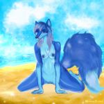 1:1 anthro beach blue_body blue_eyes blue_fur breasts canid canine chilling female fox fur genitals hi_res mammal mentholsilence nipples nude pussy sea seaside sky solo water ych_result 