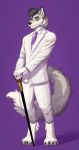 absurd_res anthro blue_eyes cane canid canine canis fluffy full_metal_alchemist hi_res jesse male mammal nakedfluff pipyaka purple_tie solo tattoo three_piece walking_stick white_suit wolf 