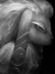  3:4 animal_humanoid bovid bovid_humanoid bovine bovine_humanoid caprine dark_background female hair hasukii hi_res horizontal_pupils humanoid kindred_(lol) lamb_(lol) league_of_legends long_ears long_hair looking_at_viewer mammal mammal_humanoid monochrome pupils riot_games sheep solo video_games 