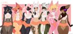  absurd_res angry annoyed anthro blonde_hair blush bottomwear bulge canid canine chest_tuft closed_fist clothed clothing dragon femboy_hooters fox fur genitals group hair hand_on_butt hands_on_hips hi_res horn jockstrap lagomorph looking_at_viewer male mammal orange_body pink_body resinger17 shorts simple_background smile text tongue tongue_out topwear tuft underwear wide_hips wide_thighs 