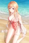  1girl azur_lane bangs beach blonde_hair breasts casual_one-piece_swimsuit cleavage commentary_request covered_navel frilled_swimsuit frills high_heels highleg highleg_swimsuit highres kep_(ahokep) kneeling long_hair looking_at_viewer medium_breasts ocean one-piece_swimsuit outdoors pink_swimsuit red_eyes richelieu_(azur_lane) richelieu_(flagship_in_the_sea_breeze)_(azur_lane) shoes_removed side-tie_swimsuit signature solo swimsuit thigh_strap water white_footwear 
