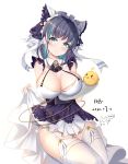  1girl animal_ears aqua_eyes aqua_hair azur_lane black_hair blush breasts chair cheshire_(azur_lane) cleavage closed_mouth commentary_request detached_sleeves dress earrings eyebrows_visible_through_hair garter_straps highres jewelry large_breasts lifted_by_self looking_at_viewer maid maid_headdress manjuu_(azur_lane) miaoguujuun_qvq multicolored_hair puffy_sleeves purple_apron ribbon simple_background sitting streaked_hair thighhighs white_background white_dress white_legwear wrist_cuffs 